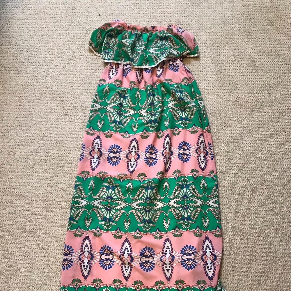 Long pink & green strapless maxi dress